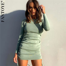 Load image into Gallery viewer, 461 FANTOYE Cotton Long Sleeve Fold Ruched Drawstring Slim Mini Dress