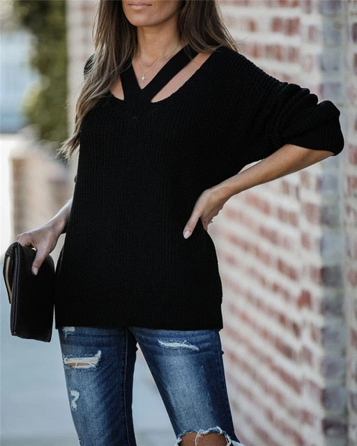 475 Fitshingling V-Neck Casual Women's Pullover Oversize Long Sleeve Sweaters