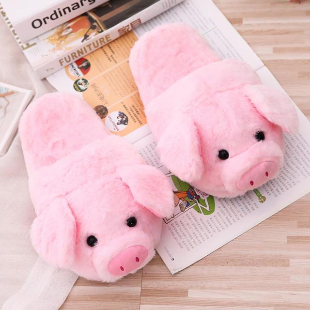 1214 Women's Warm Indoor Cute Pink Pig Plush Flat Slippers