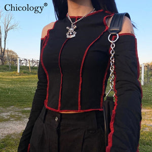 327 Chicology Gothic Hollow Out Cold Shoulder Women's Long Sleeve Crop Top