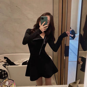 127 Coigarsam Women's A-line Slim Long Sleeve Oblique Collar Little Black Dress