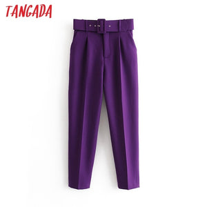 1039 Tangada Women's High Waist Sashes Pockets Trousers Suit Pants