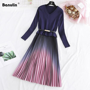 437 Elegant Knitted Patchwork Gradient Pink Pleated Long Sleeve Dress W/Belt
