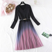 Load image into Gallery viewer, 437 Elegant Knitted Patchwork Gradient Pink Pleated Long Sleeve Dress W/Belt