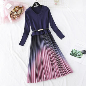 437 Elegant Knitted Patchwork Gradient Pink Pleated Long Sleeve Dress W/Belt