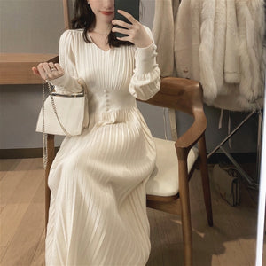 1036 Sxcave Knitted Casual Long Sleeve Vintage Style Elegant Long Sweater Dress