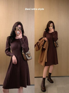 1036 Sxcave Knitted Casual Long Sleeve Vintage Style Elegant Long Sweater Dress