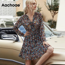 Load image into Gallery viewer, 144 Aachoae Boho Floral Print Lantern Long Sleeve V-neck Pleated Mini Dresses