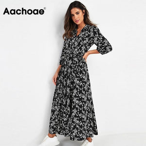 145 Aachoae Vintage Style 3/4 Sleeve Turn-Down-Collar Floral Print Maxi Dress