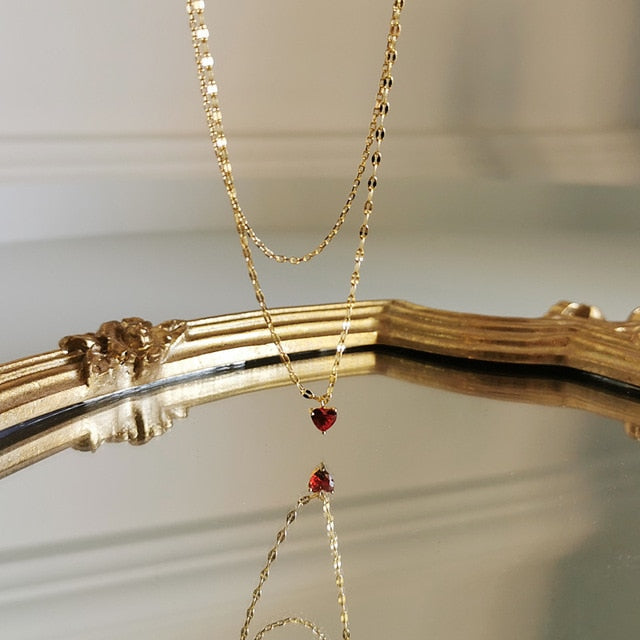 860 Obear European 18K Gold Clavicle Double Chain Red Heart Crystal Necklace