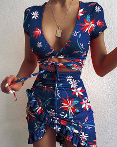 360 Cryptographic Short Sleeve V-neck Floral Tie Up Wrap Ruched Ruffles Mini Dress