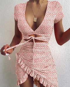 360 Cryptographic Short Sleeve V-neck Floral Tie Up Wrap Ruched Ruffles Mini Dress