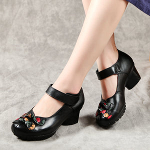 1295 Women's Vintage Style Genuine Leather Thick Heels Ankle Strap Shoes