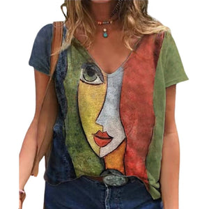1211 Women's V-Neck T-Shirt Oversize Loose Short Sleeve Print Tops Plus