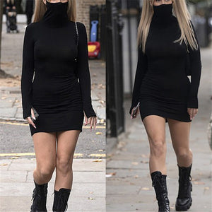 878 OMSJ Women's Black Long Sleeve High Neck Sheath Slim Mini Dress Plus