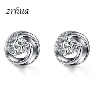 1273 ZRHUA Unique 925 Sterling Silver Cubic Zirconia Stud Earrings Wedding