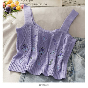 541 HELIAR Women's Flower Embroidery Knitted Crop Tops Camisoles One Size