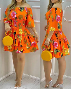 137 Ninimour Women's Elegant Off Shoulder Short Sleeve Fruit Print Mini Dress