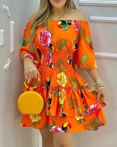 137 Ninimour Women's Elegant Off Shoulder Short Sleeve Fruit Print Mini Dress