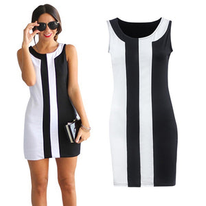 1359 Women's Sleeveless O-Neck White Stitching Office Mini Dress Plus