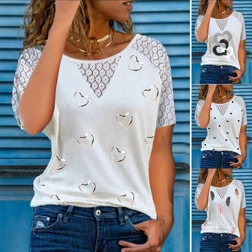 1176 Women's Round Neck Lace Hollow Stitching Short Sleeve Heart Top Plus