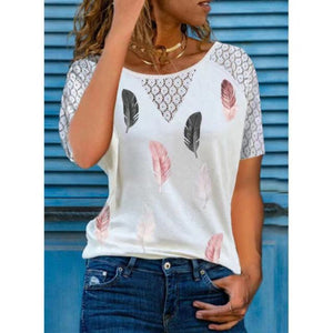 1176 Women's Round Neck Lace Hollow Stitching Short Sleeve Heart Top Plus