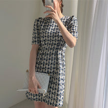Load image into Gallery viewer, 1198 Women&#39;s Summer High Waist Puff Short Sleeve Zip Knitted Elegant Plaid Dresses