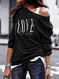 1245 Yskkt Women's Pullover Long Sleeve One Shoulder Heart Print Sweatshirt Top Plus