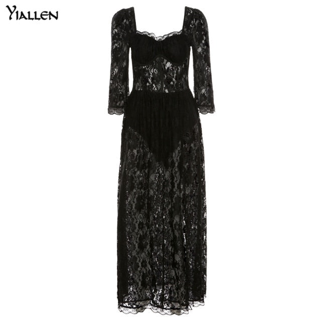 136 Yiallen Women's Quarter Sleeve Sweetheart Neckline Lace Sheath Mid-calf Dress