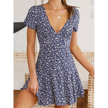 Load image into Gallery viewer, 1120 Wsevypo Women&#39;s V-Neck High Waist Short Sleeve Fit Flare Slim Floral Mini Dress