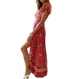 1187 Women's Short Sleeve V-neck Floral Summer Boho Long Dress Plus