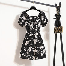 Load image into Gallery viewer, 1331 Women&#39;s Floral Printed Shirring Pleated Short Puffy Sleeve Chiffon Mini Dress
