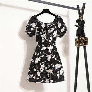 1331 Women's Floral Printed Shirring Pleated Short Puffy Sleeve Chiffon Mini Dress