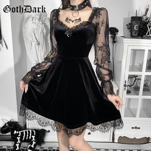 515 Goth Dark Velour Gothic Aesthetic Vintage Style Lace Patchwork A-Line Dress