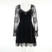 Load image into Gallery viewer, 515 Goth Dark Velour Gothic Aesthetic Vintage Style Lace Patchwork A-Line Dress