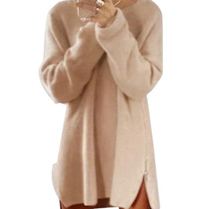 954 Sanwood Long Sleeve O-Neck Zip Loose Pullover Mini Sweater Dress Plus