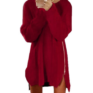 954 Sanwood Long Sleeve O-Neck Zip Loose Pullover Mini Sweater Dress Plus