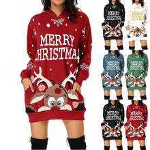 Load image into Gallery viewer, 1163 Merry Christmas Knee Length Long Sleeves Hooded Pullover Dress Plus