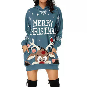 1163 Merry Christmas Knee Length Long Sleeves Hooded Pullover Dress Plus
