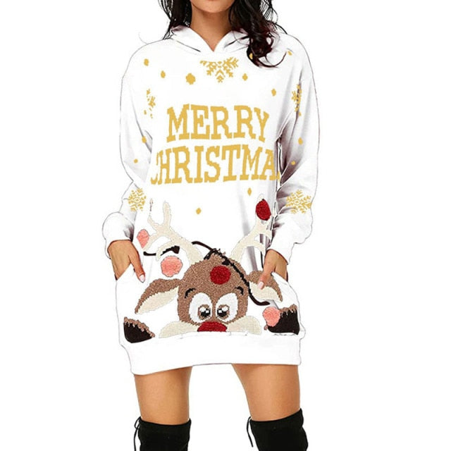 1163 Merry Christmas Knee Length Long Sleeves Hooded Pullover Dress Plus