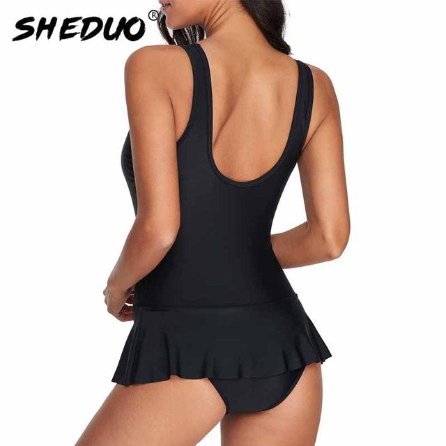 1308 Women's One Piece Backless Tummy Control Monkini Skirted Swimsuits Plus