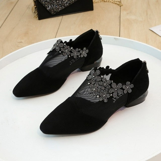 459 Fanan Women's Elegant Retro Rhinestone Flower Mesh Shoes