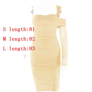 141 Mozision Double Layer Mesh One Shoulder Zipper Backless Pleated Mini Dress