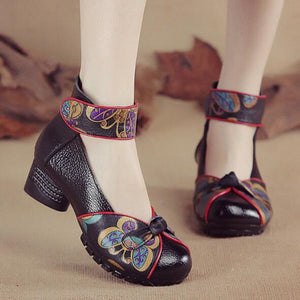 1294 Women's Casual Style Square Med Heel Ankle Strap Butterfly Shoes