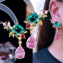 Load image into Gallery viewer, 1367 Women&#39;s Lucky Bright Pink Green CZ Dangle Wedding Earrings