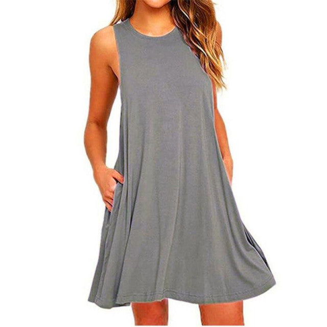 1334 Women's Summer Sleeveless Swing Loose T-Shirt Dresses With Pockets Plus