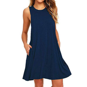 1334 Women's Summer Sleeveless Swing Loose T-Shirt Dresses With Pockets Plus