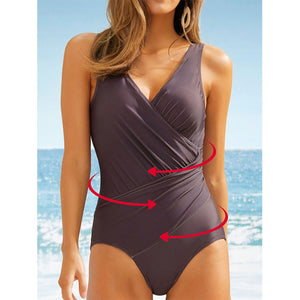 1307 Women's V-neck One Piece Tummy Control Ruched Swimsuit Swimwear