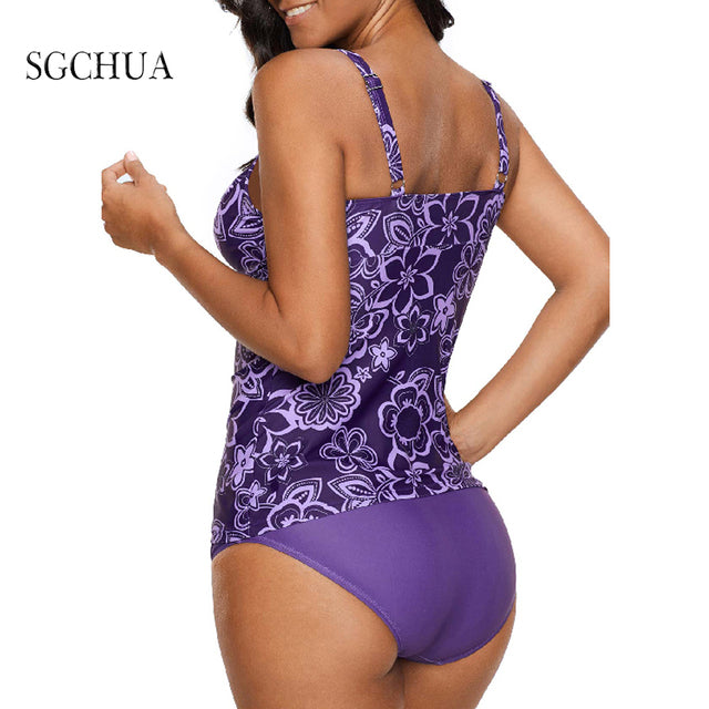 1313 Women's Two Piece Vintage Style Push-up Purple Floral Tankini Swimsuit Plus