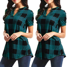 Load image into Gallery viewer, 1287 Women&#39;s Plaid Short Sleeve Cotton V-Neck Vintage Style Blouse Plus